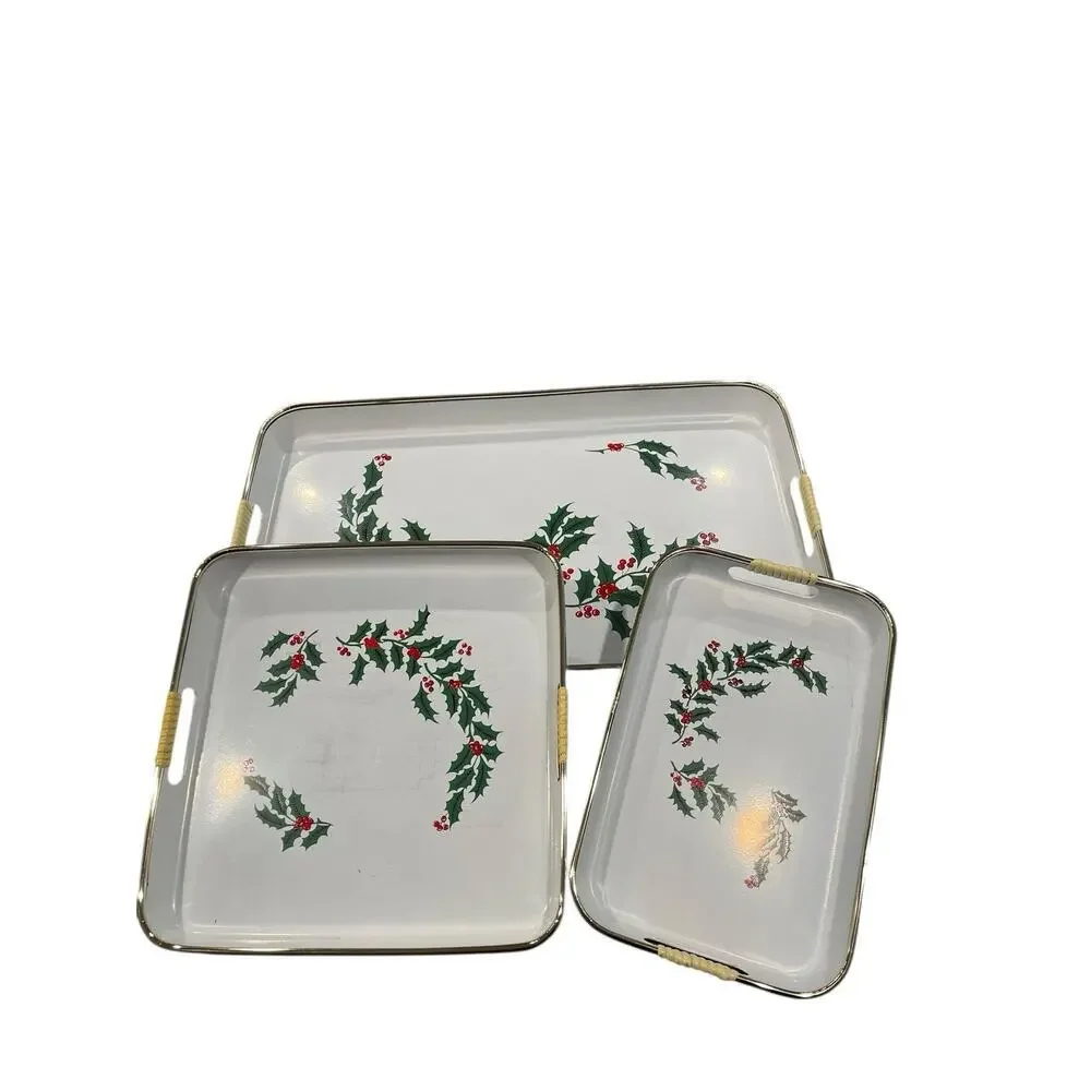 Vintage Holly Berries Serving Trays Set of 3 Nesting Holiday Trays Japanese